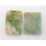 Two Chinese jadeite rectangular plaques carved on each side, one pierced and carved with a pair of