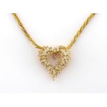 A diamond heart pendant necklace, the open work design pave set with a nest of small brilliants, the