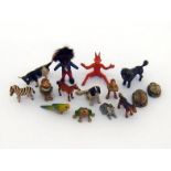 Thirteen miniature cold painted bronze animal and other figures, comprising monkeys, dogs, zebra,