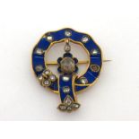 A Georgian blue enamel and diamond garter brooch, the garter set overall with uniformly spaced