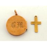 A 9 carat gold circular locket, fully hallmarked, 2.6cm long, together with a 9 carat gold cross