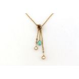 A yellow metal (tests 14 carat gold), diamond, cultured pearl and turquoise necklace, the central