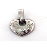 A diamond heart pendant, the heart rub over set with 18 small brilliants, mounted in white gold (