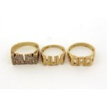 Three 9 carat gold rings, two with 'MUM' design, one cubic zirconia set, the last with 'DAD' design,
