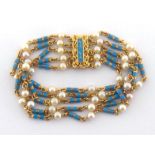 A cultured pearl and blue enamel bracelet, composed of five chains set with round 4.8mm pearls, with