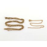 Two gold chains, the first, anchor link chain (tests 9 carat gold), 60cm long; the second, a fine