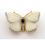 A mid 20th century precious opal, amethyst and diamond butterfly brooch, the carved opal wings