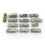 Twelve cast pewter models of Rolls Royce cars, all by Danbury Mint, and one gilt metal scale model