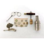A mixed lot comprising a plated bosun’s whistle with Admiralty broad arrow stamp and long chain,