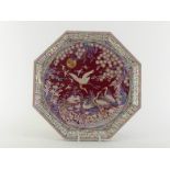 A modern Chinese lacquer octagonal tray, delicate hand inlaid mother of pearl decoration on red