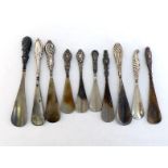 Ten various silver-handled shoe horns, various dates and makers, late Victorian/Edwardian. Four have