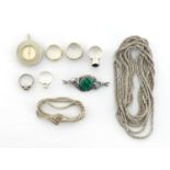 A mixed lot of white metal and gem set jewellery, including a cubic zirconia band, a labradorite set