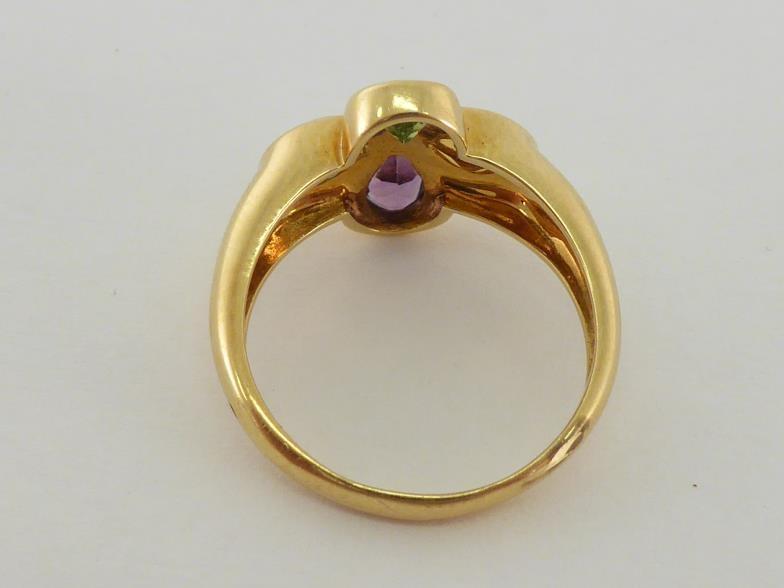 A French 18 carat and multi gem ring, the quatrefoil bezel rub over set with a pear cut amethyst, - Image 2 of 3