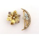 Two enamel and seed pearl brooches, the first modelled as flower, the leaves with opalescent enamel,