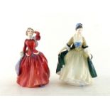 Two ceramic Royal Doulton ladies, “Blithe Morning” and “Elegance”, both with green backstamps.