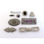 A mixed lot of paste set jewellery, including brooches and clips, AF (10)