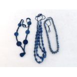 Three lapis lazuli bead necklaces, composed of cut and facetted beads, cotton strung, lacking