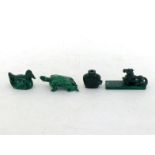 A group of three Chinese malachite figures, one carved as a mandarin duck, one as a tortoise, and