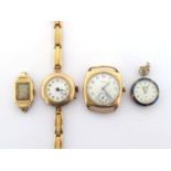 Three rolled gold wristwatches, including a 1920s Waltham manual wind cushion case, another mid-