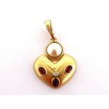 A cultured pearl, diamond and garnet heart pendant, set to the top with a mabe pearl 9.9mm diameter,