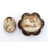 Two late 19th century shell cameos, the first, a large oval depicting Aurora on her chariot, 5.1 x