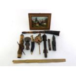 An interesting collection of Indonesian and other artefacts, including a wooden puppet head, a