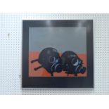 A painting of two black police helmets with gas masks against a grey and pink ground, unsigned, some