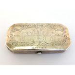 A Dutch silver tobacco box, 1862, octagonal with cut corners, cover engraved with a groom in 18th