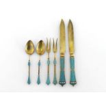 Two Norwegian turquoise enamel and silver-gilt coffee spoons, two fruit knives and two lemon forks