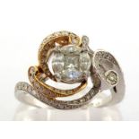 A diamond dress ring, the scroll and cluster bezel pave set overall with brilliants, small