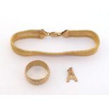 A mixed lot of 9 carat gold jewellery comprising a bracelet, ring and letter A charm, gross weight