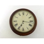 A mahogany circular case wall clock with eight day fusee movement, white painted dial and Roman