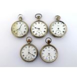 Five early 20th century open faced nickel pocket watches, including two 7 jewel Swiss lever