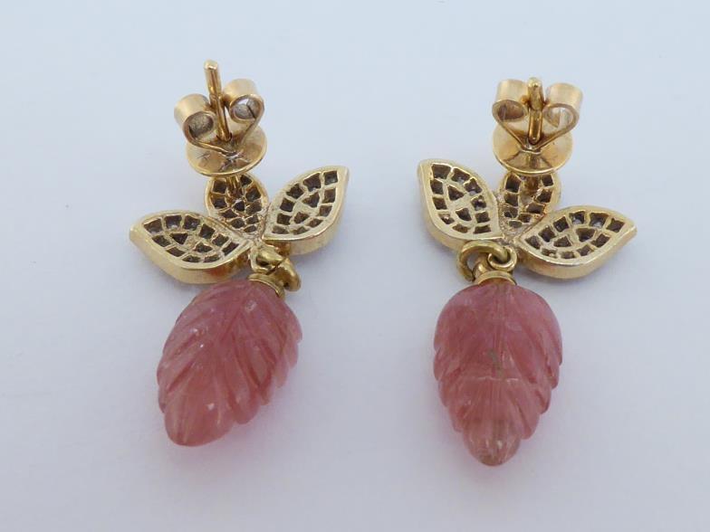 A pair of carved pink sapphire and diamond earrings, the 'tutti frutti' style drops each 14mm - Image 2 of 3