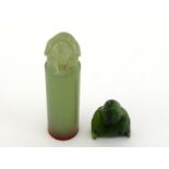 Chinese serpentine jade carving of seal and small green jade Buddha attachment. The seal with a