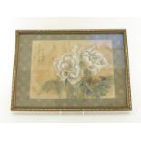 A framed Chinese water colour painting on silk, depicting a branch of blooming peony. Signed and