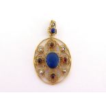 A Victorian Renaissance Revival garnet, lapis lazuli and split pearl pendant by John Brogden,