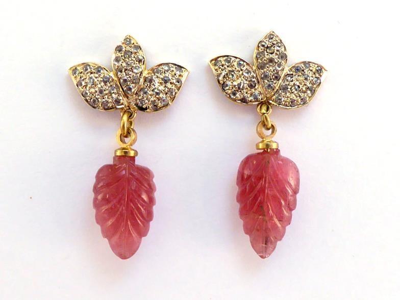 A pair of carved pink sapphire and diamond earrings, the 'tutti frutti' style drops each 14mm