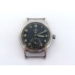 OMEGA, a stainless steel British military issue manual wind wrist watch, circa 1940, the black