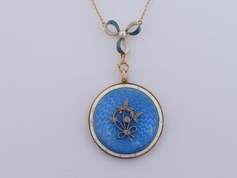 An early 20th century guilloche enamel and diamond locket, circa 1900, the round locket with a - Image 2 of 4