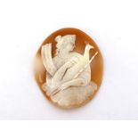 A mid Victorian shell cameo, the oval cameo carved with the goddess Hera, 5.8cm long, together