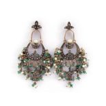 A pair of Indian diamond seed pearl and emerald chandelier earrings, each mounted in gold backed