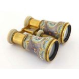 A pair of French brass, guilloche enamel and mother-of-pearl opera glasses by Howell James & Co.,