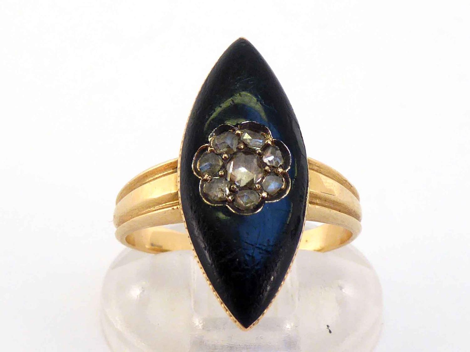 A Georgian gold, diamond and enamel dress ring, of navette form, with a central cluster of rose
