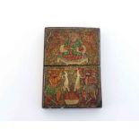 An Indian papier mache card case finely hand decorated with scenes, on one side a rich gentleman