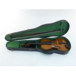 A violin with two bows, one for 3/4 size instrument, in hard case, sound post needs re-fixing but