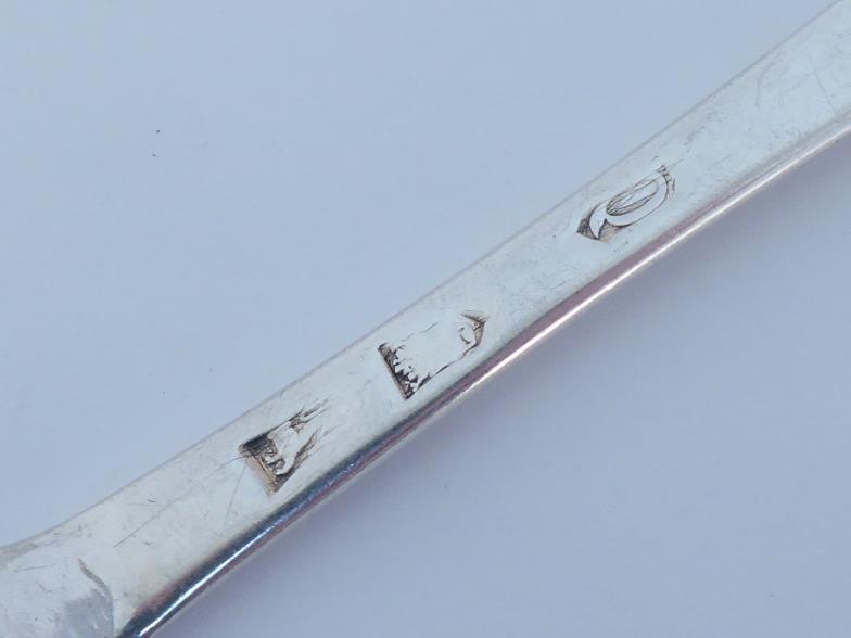 A George II silver rat-tail table spoon, no maker's mark, London, 1731, engraved with contemporary - Image 3 of 4