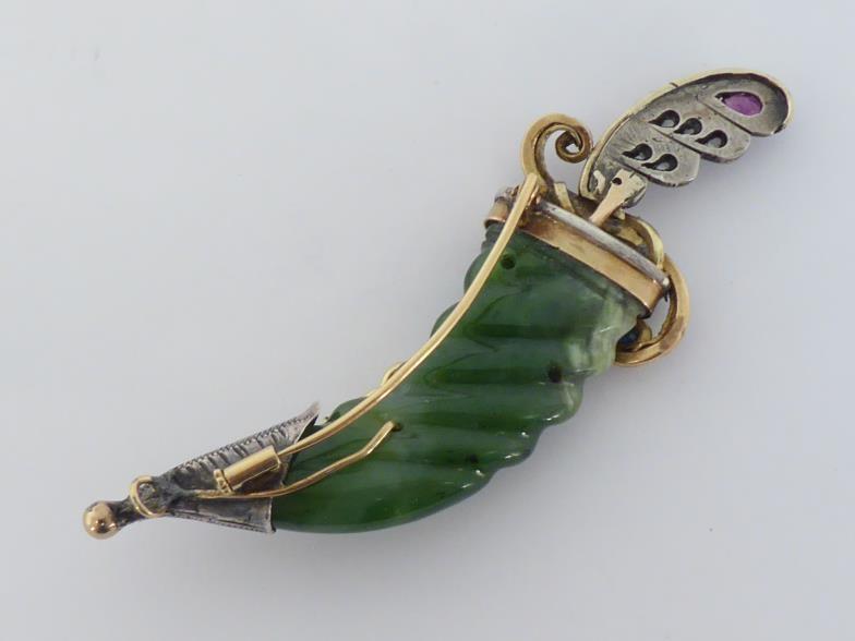 A nephrite, diamond, ruby and sapphire brooch, in the form of a khanjar, with carved nephrite - Image 2 of 3