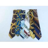 Hermes Paris, five gentlemen's silk ties, brightly printed on white, pale blue, dark brown, dark