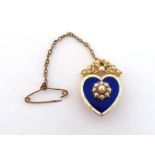 A seed pearl and enamel heart brooch, the blue guilloche enamel ground with a white enamel border, a